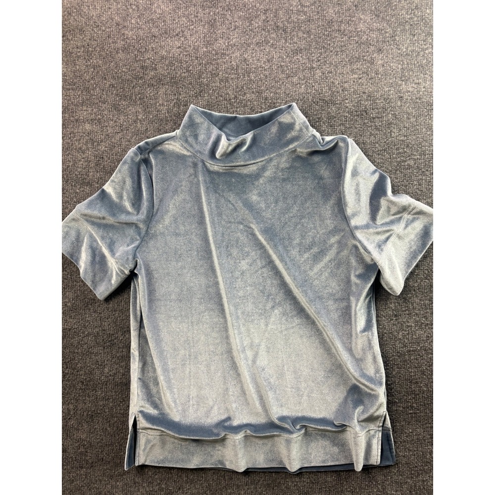 Anthropologie Velvet Mock Neck Top Womens S Blue Short Sleeve OB1224293